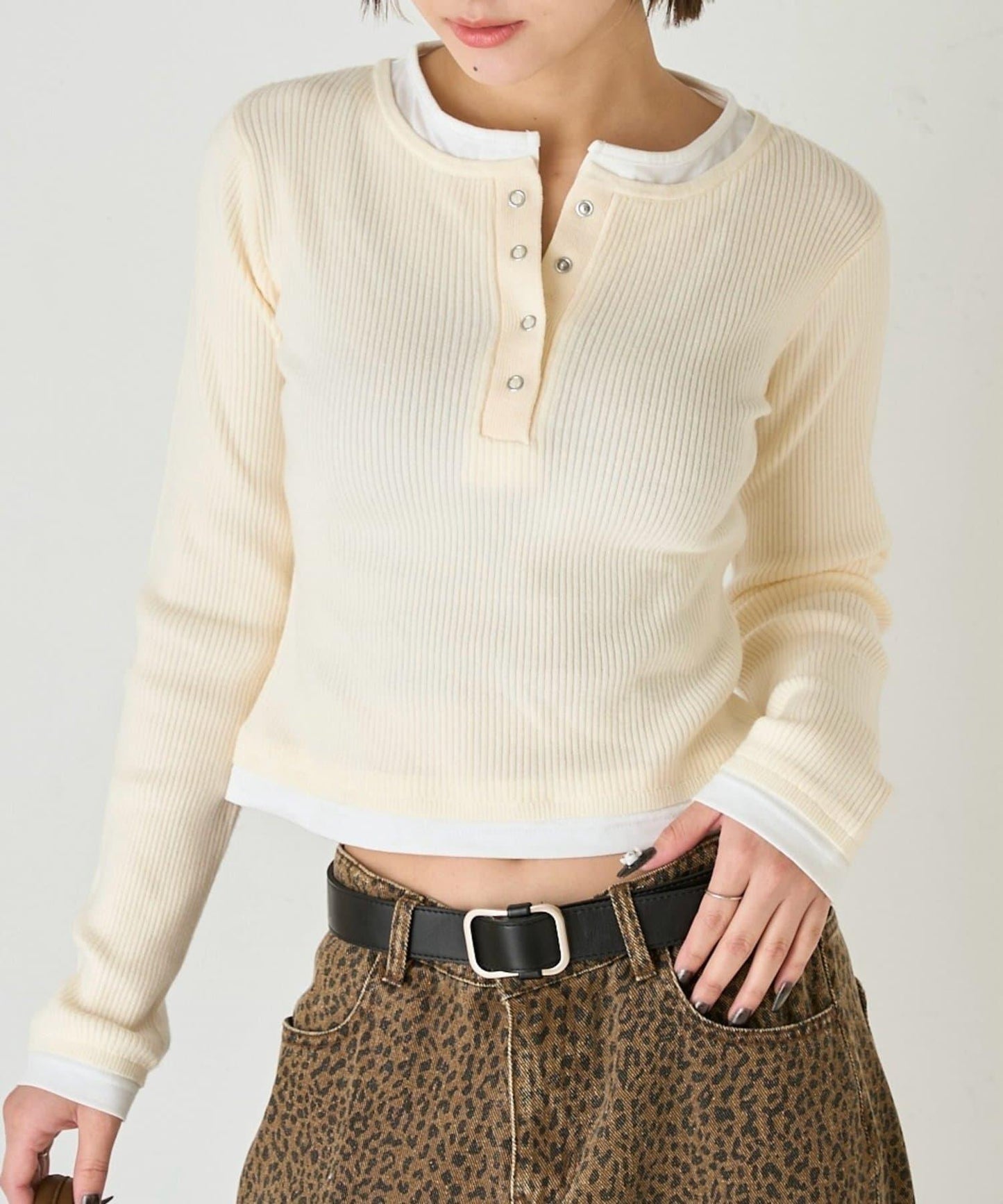 拼接亨利領針織衫