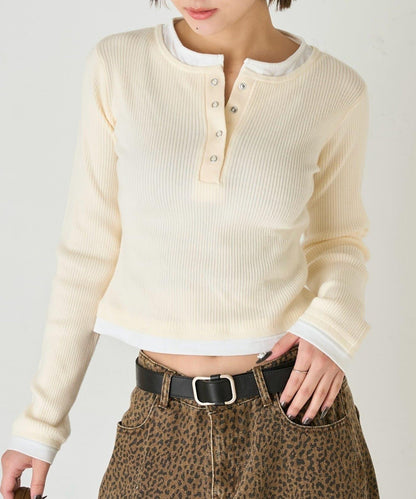 拼接亨利領針織衫