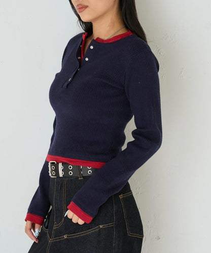 拼接亨利領針織衫