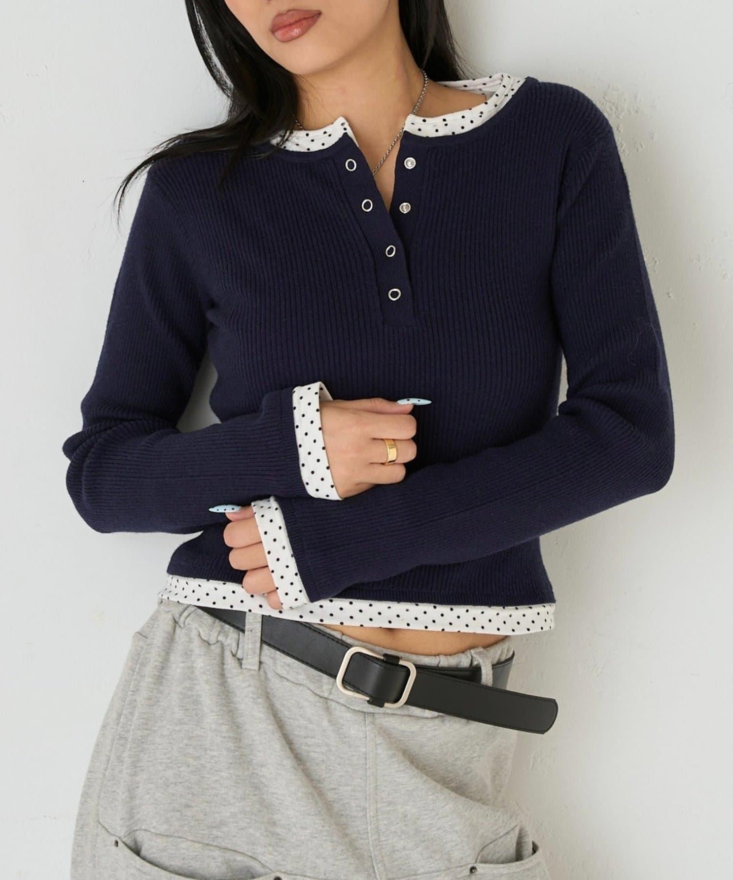 拼接亨利領針織衫