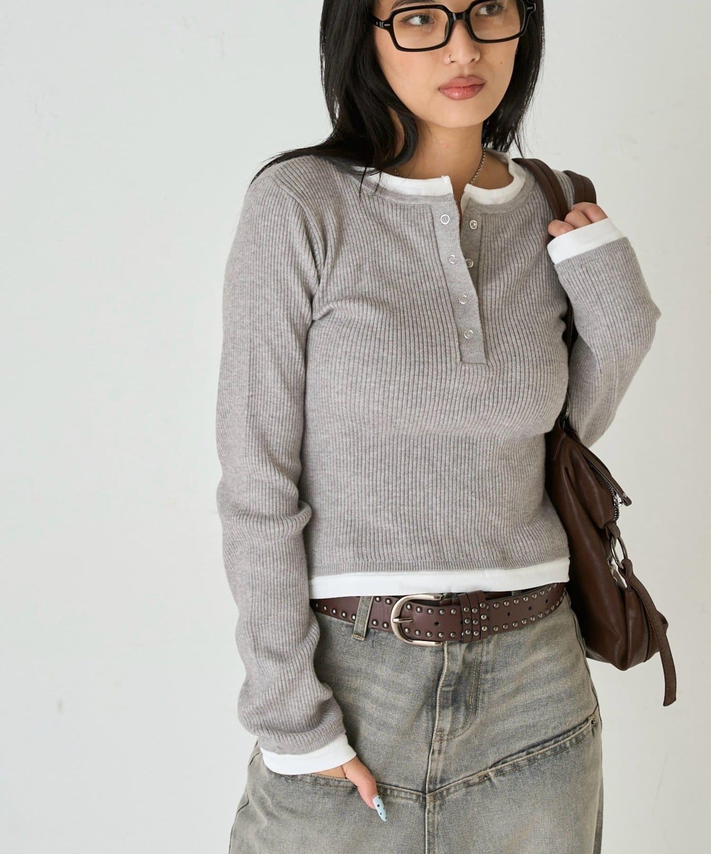 拼接亨利領針織衫