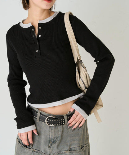 拼接亨利領針織衫