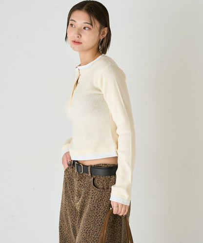 拼接亨利領針織衫