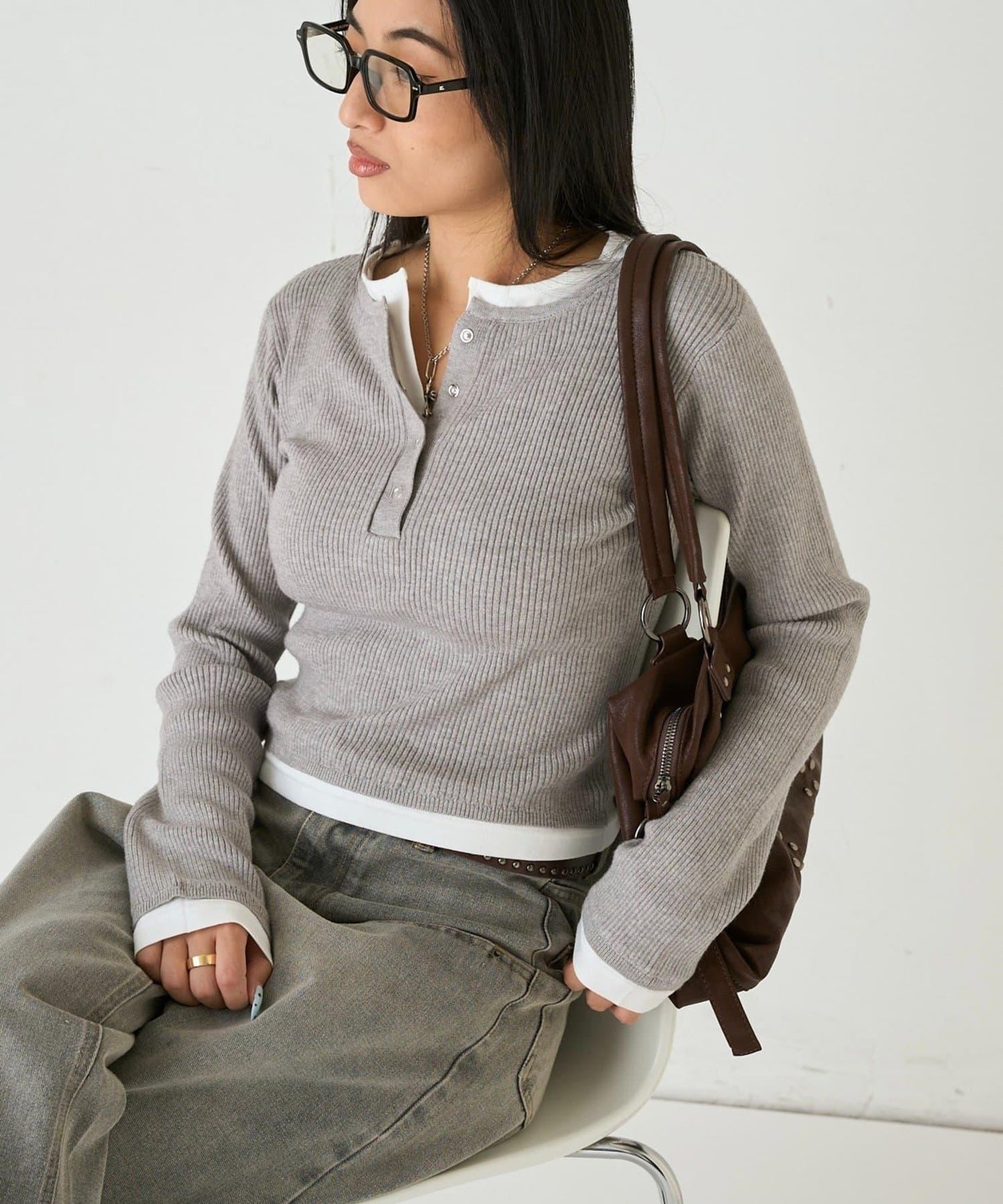 拼接亨利領針織衫