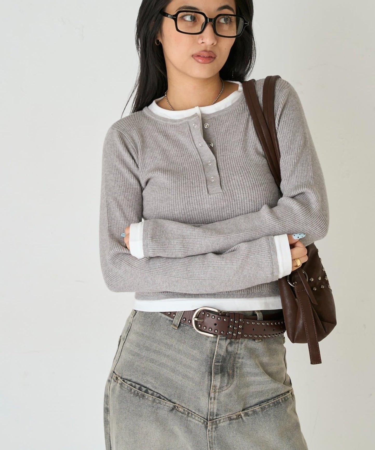 拼接亨利領針織衫