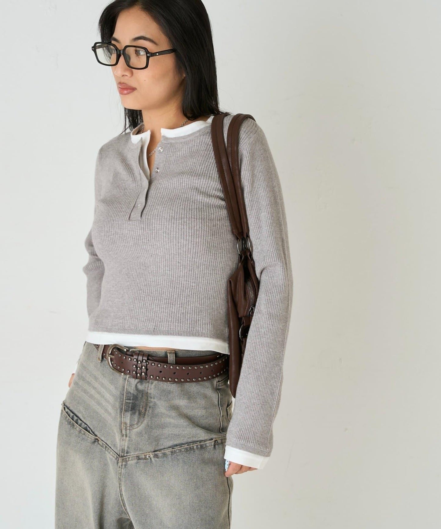 拼接亨利領針織衫