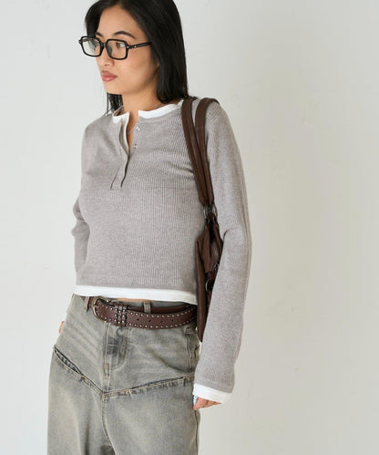 拼接亨利領針織衫