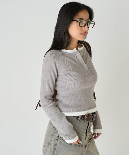 拼接亨利領針織衫