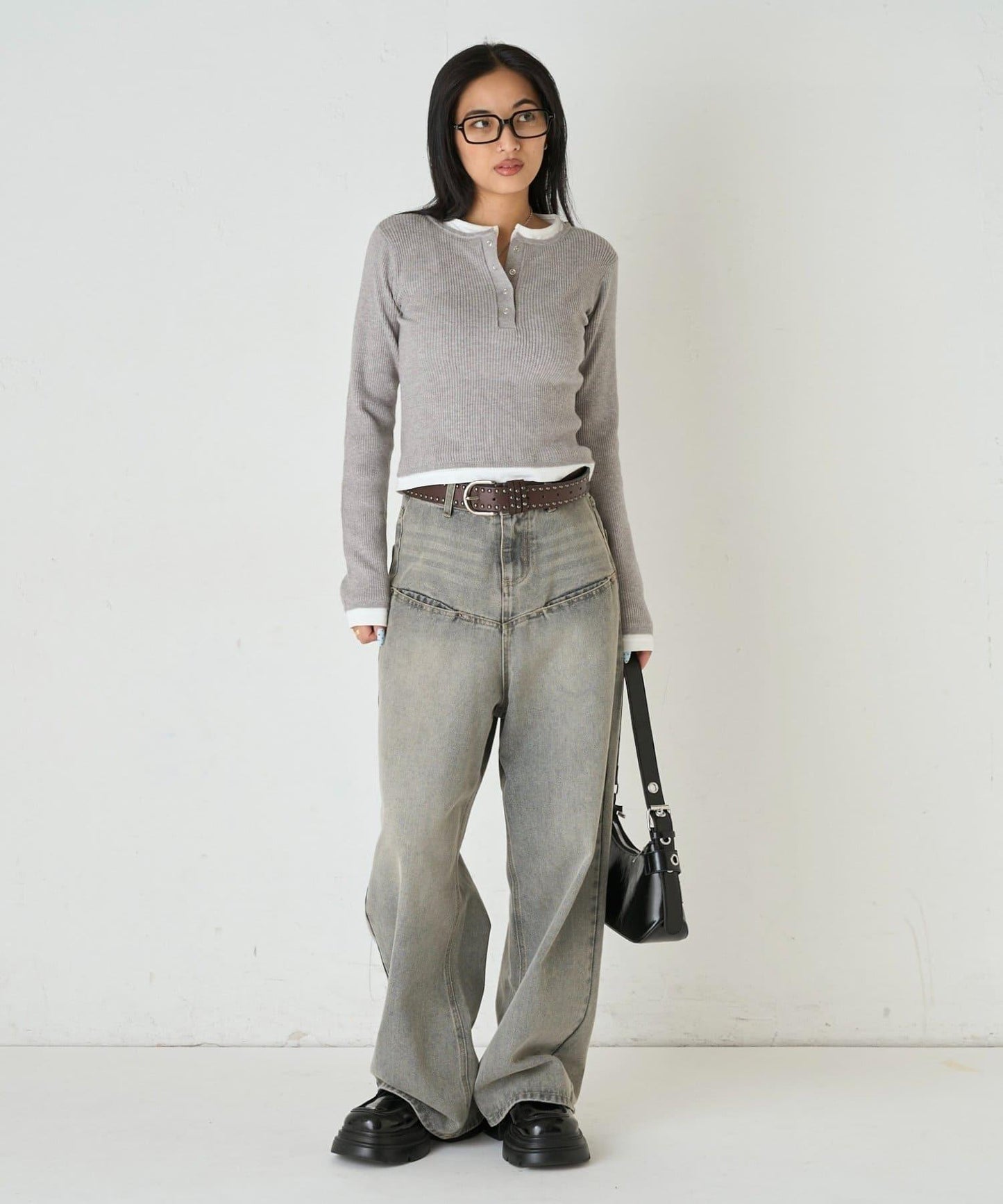 拼接亨利領針織衫