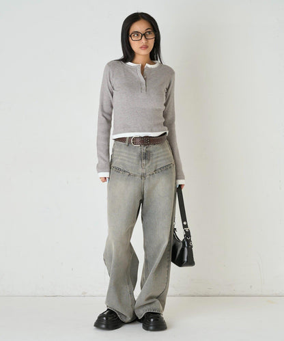 拼接亨利領針織衫