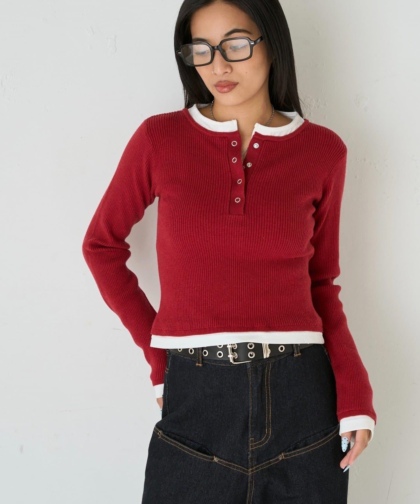 拼接亨利領針織衫