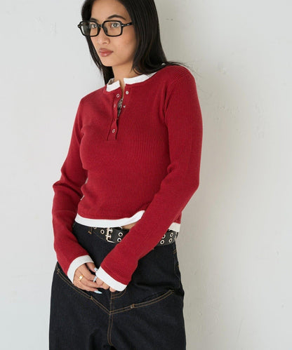 拼接亨利領針織衫