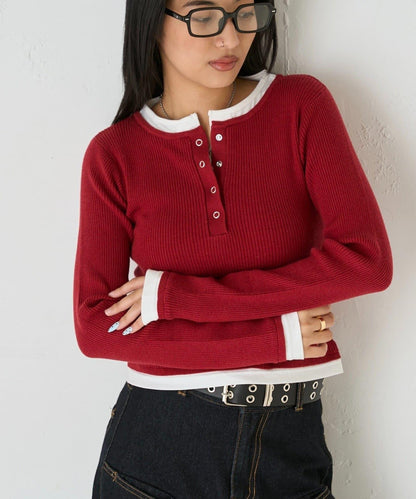 拼接亨利領針織衫