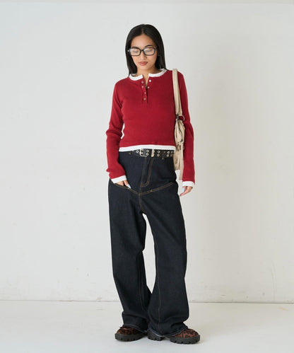 拼接亨利領針織衫