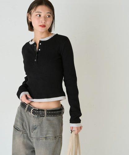 拼接亨利領針織衫