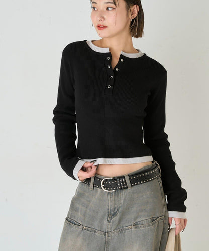 拼接亨利領針織衫