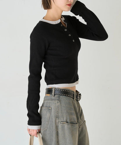 拼接亨利領針織衫