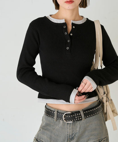 拼接亨利領針織衫