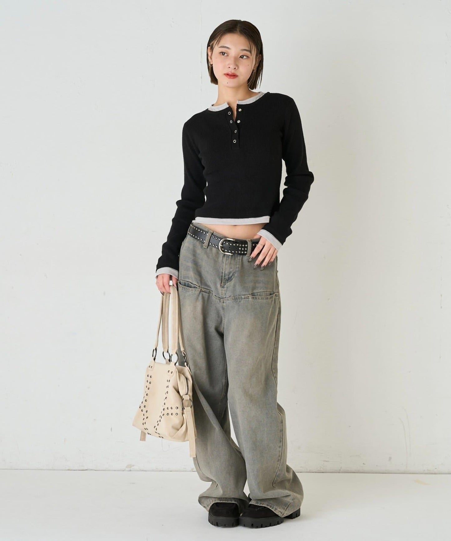 拼接亨利領針織衫