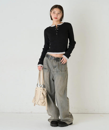 拼接亨利領針織衫