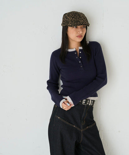 拼接亨利領針織衫