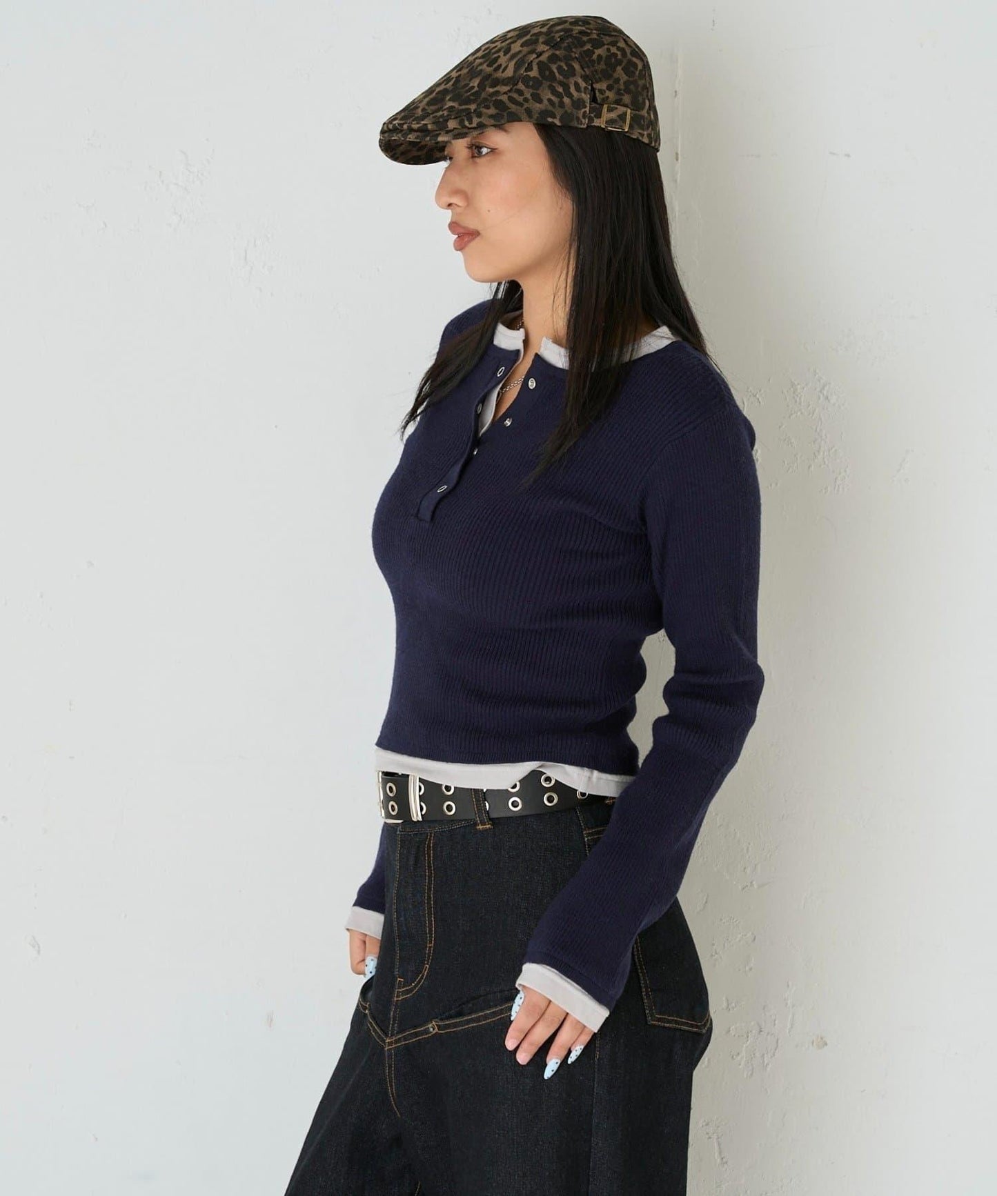 拼接亨利領針織衫