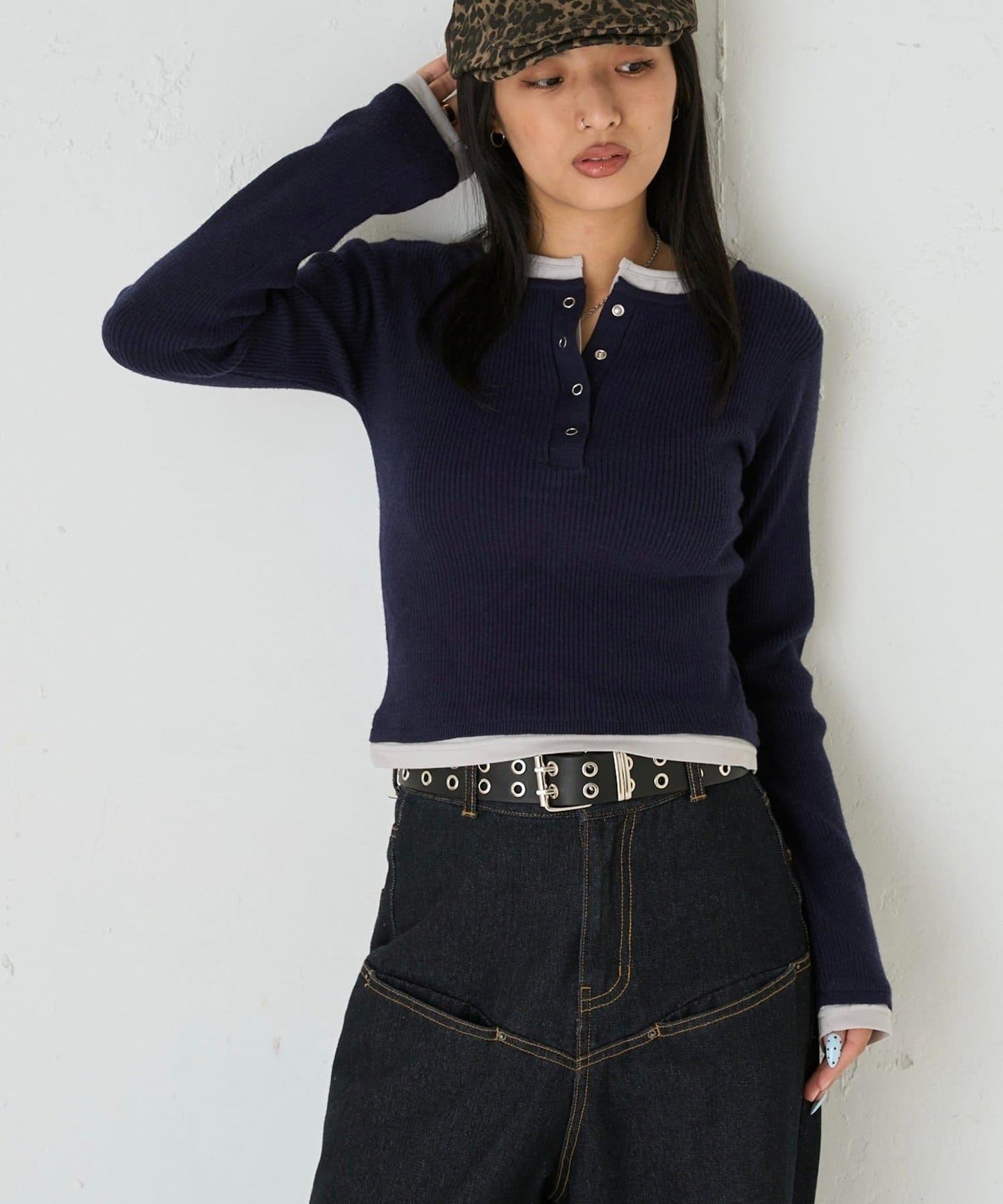 拼接亨利領針織衫