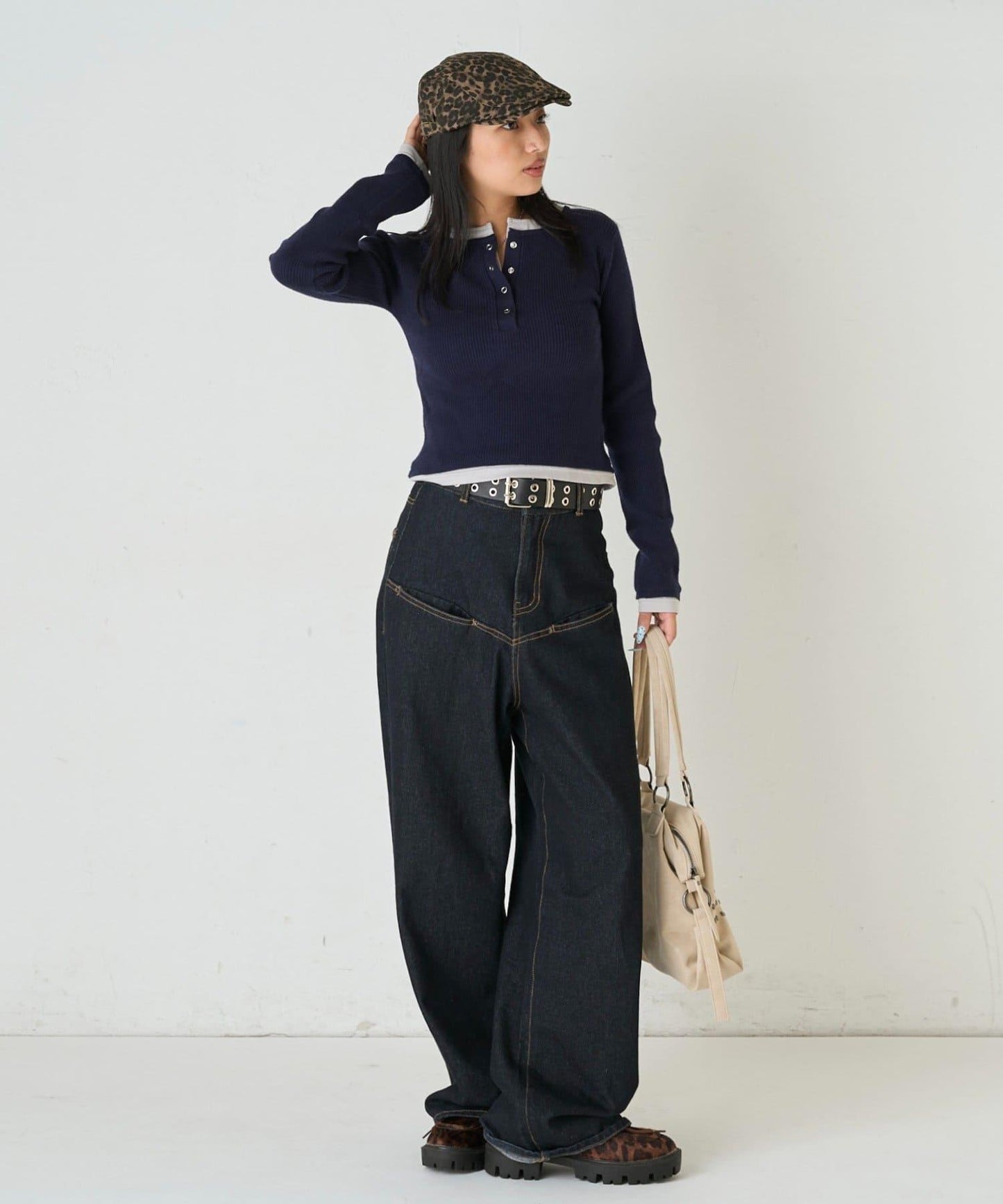 拼接亨利領針織衫