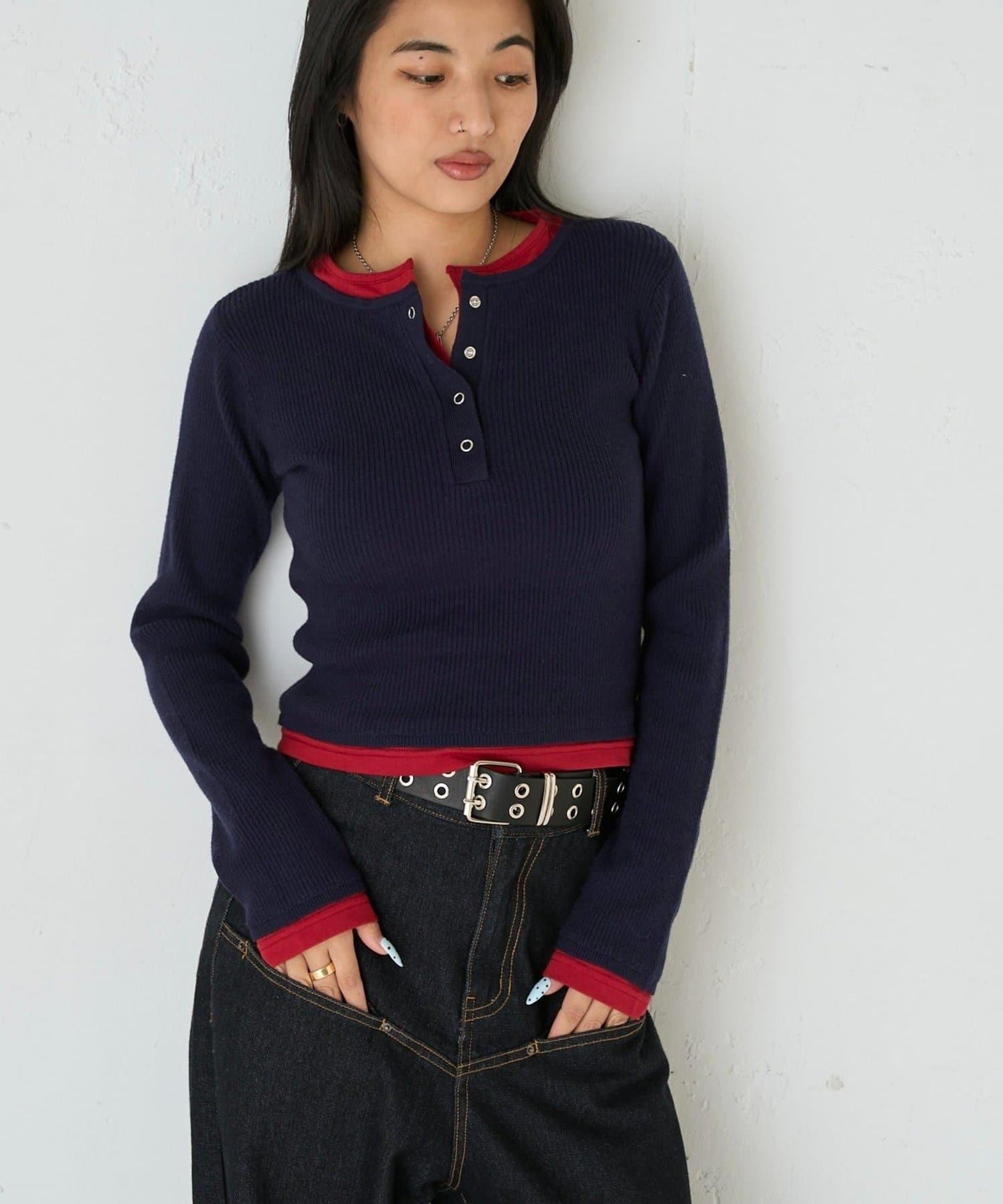 拼接亨利領針織衫