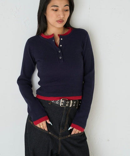 拼接亨利領針織衫