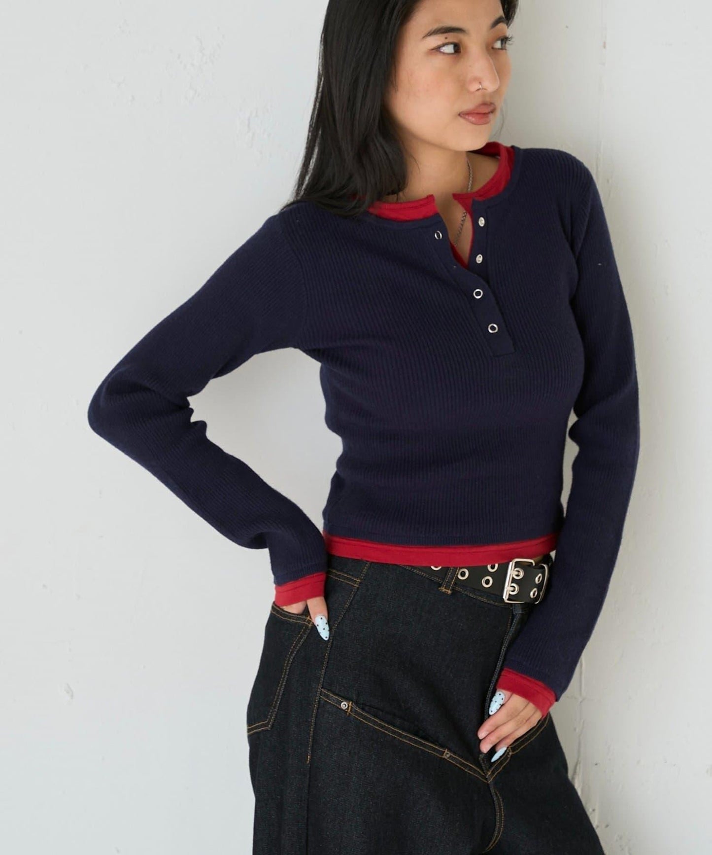 拼接亨利領針織衫