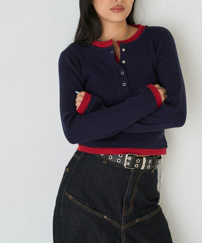 拼接亨利領針織衫