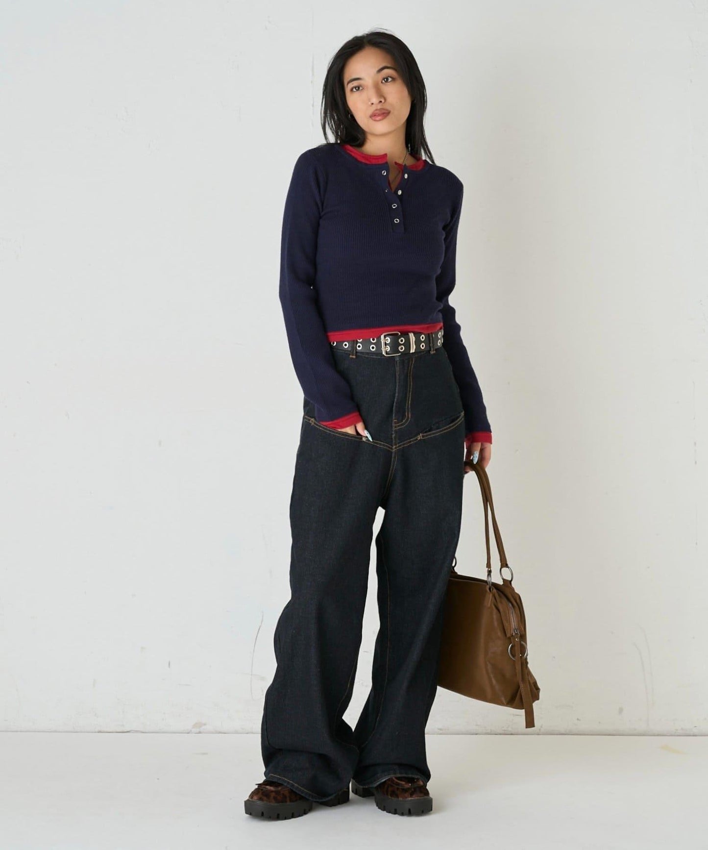 拼接亨利領針織衫