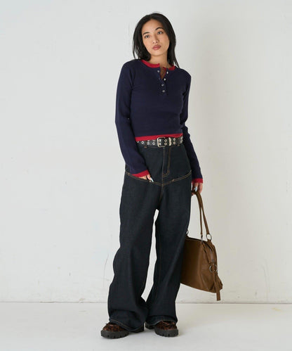 拼接亨利領針織衫