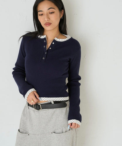 拼接亨利領針織衫