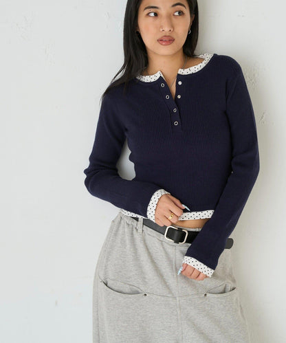 拼接亨利領針織衫