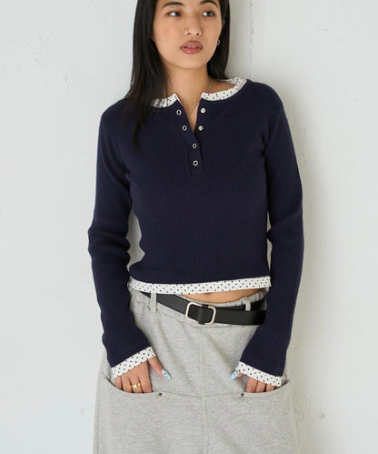 拼接亨利領針織衫