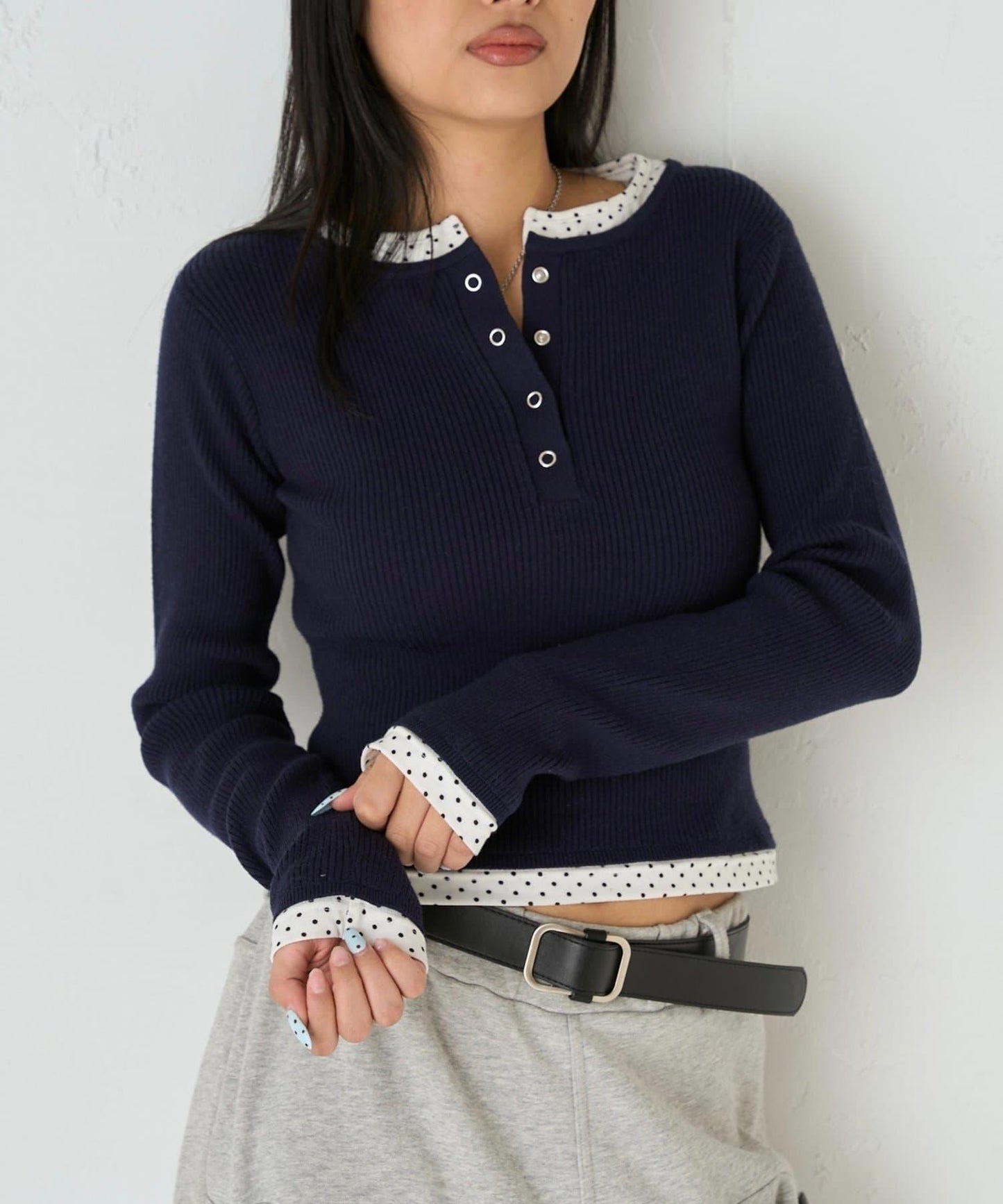 拼接亨利領針織衫