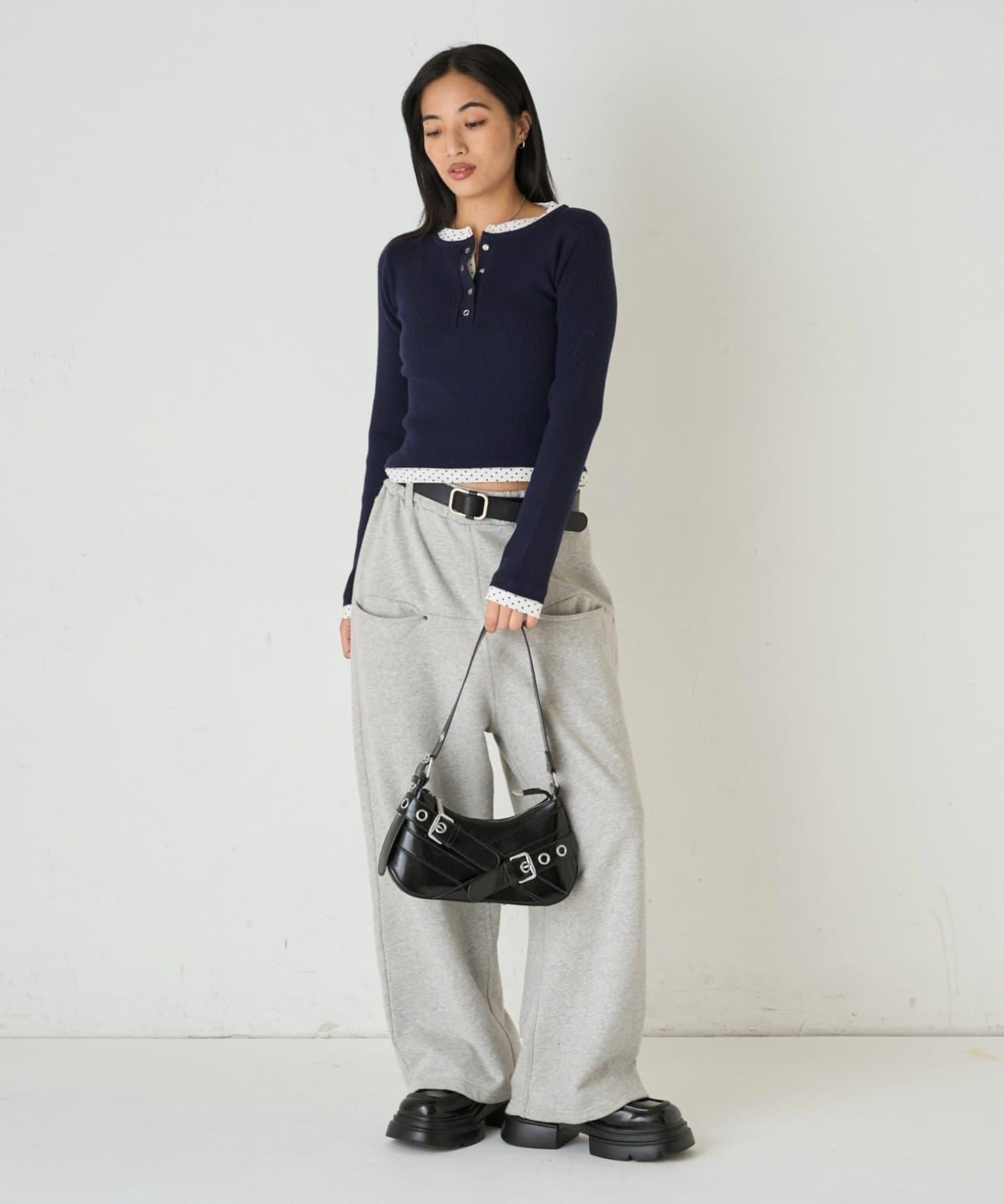 拼接亨利領針織衫