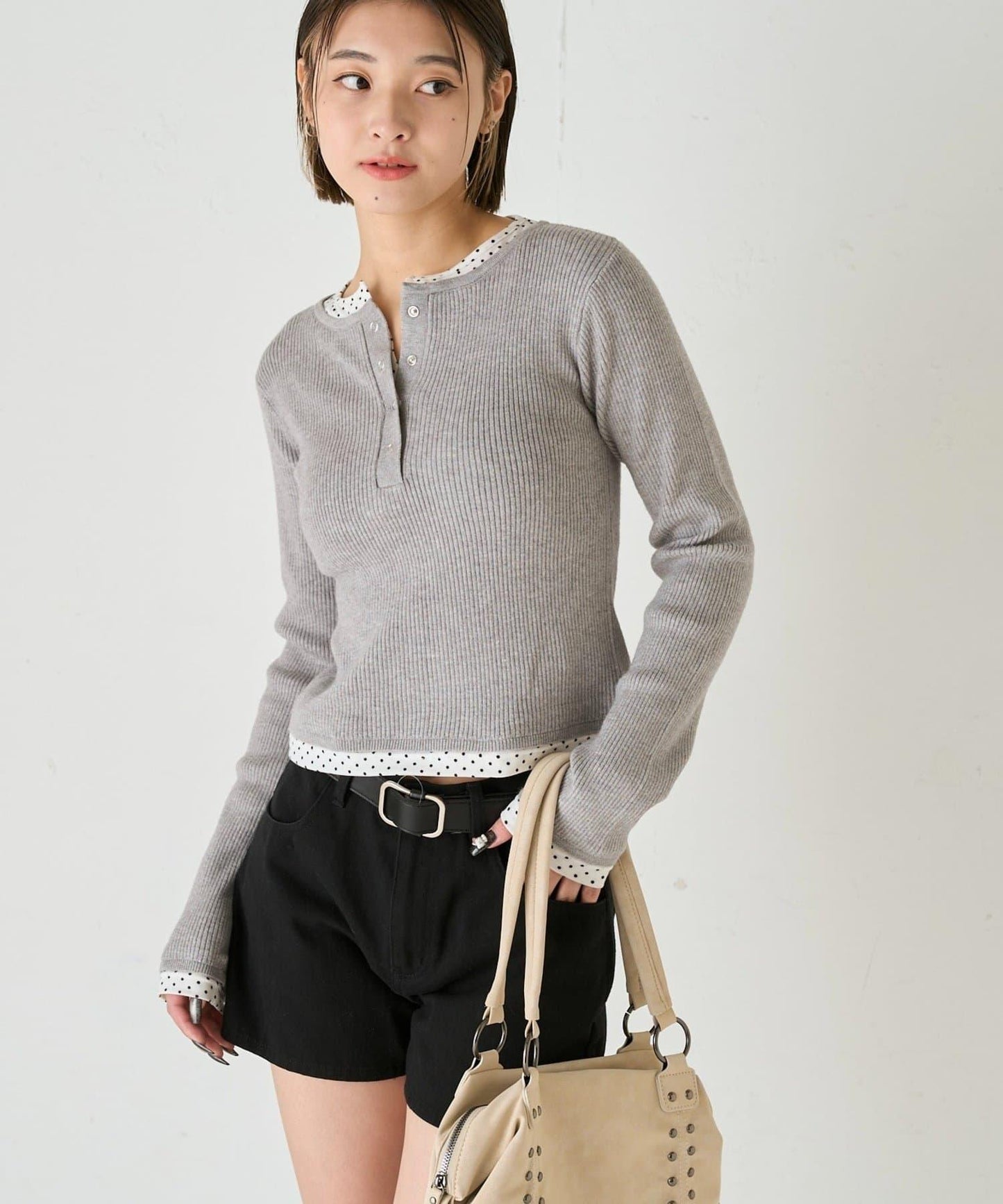 拼接亨利領針織衫