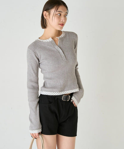 拼接亨利領針織衫