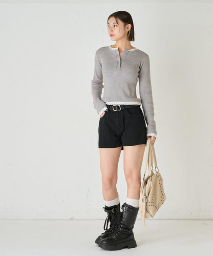 拼接亨利領針織衫