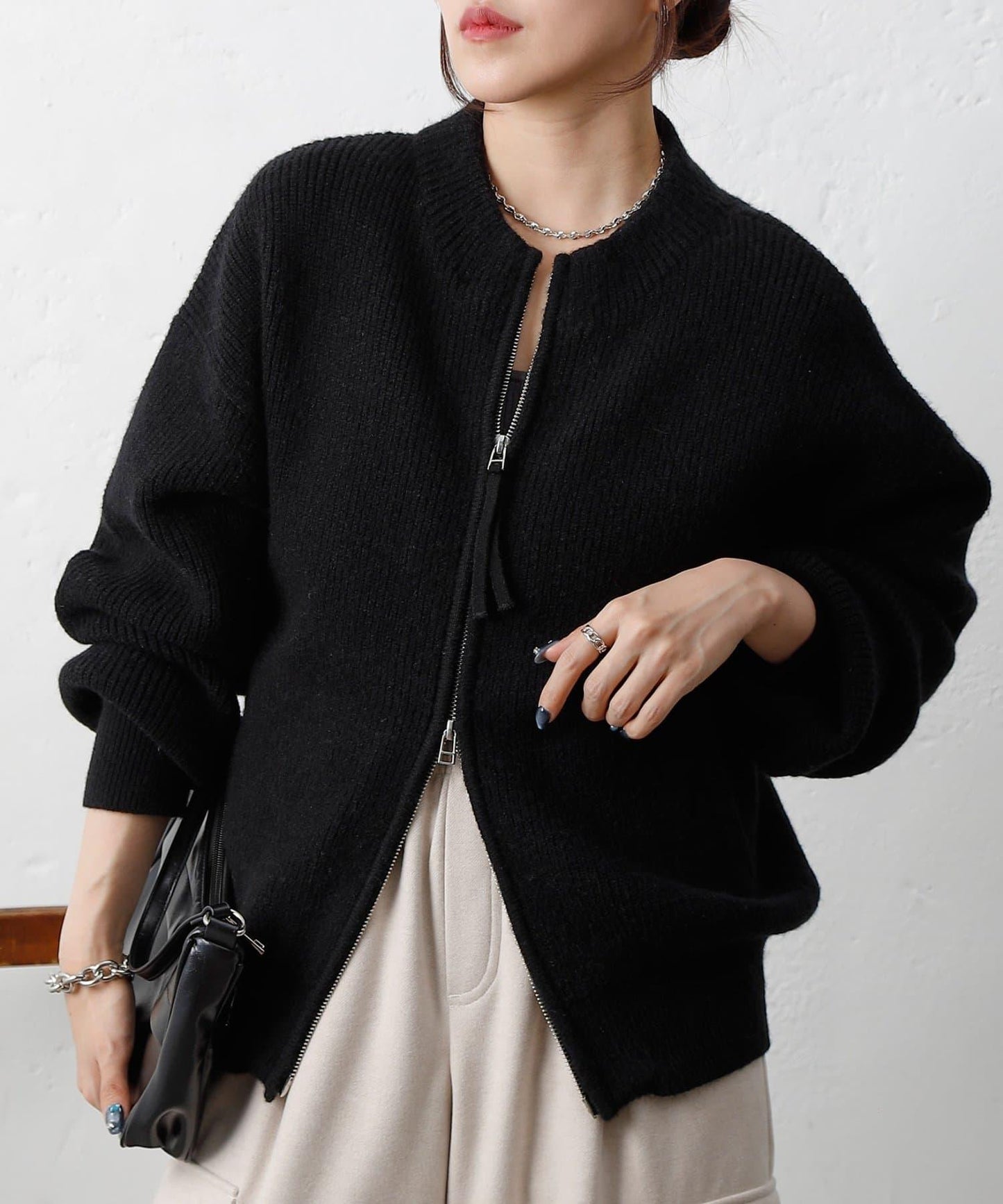 拼接拉鍊針織開衫