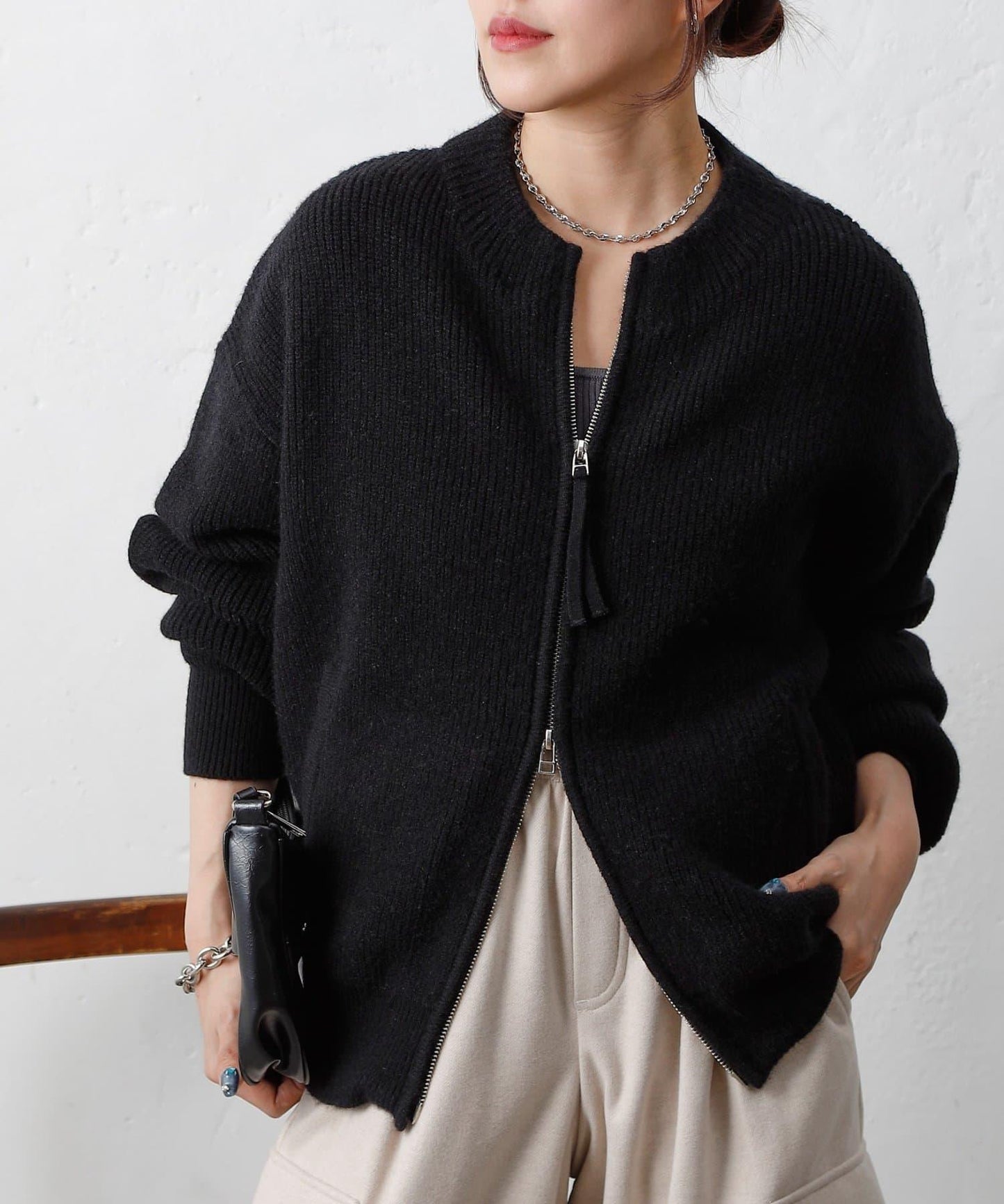 拼接拉鍊針織開衫