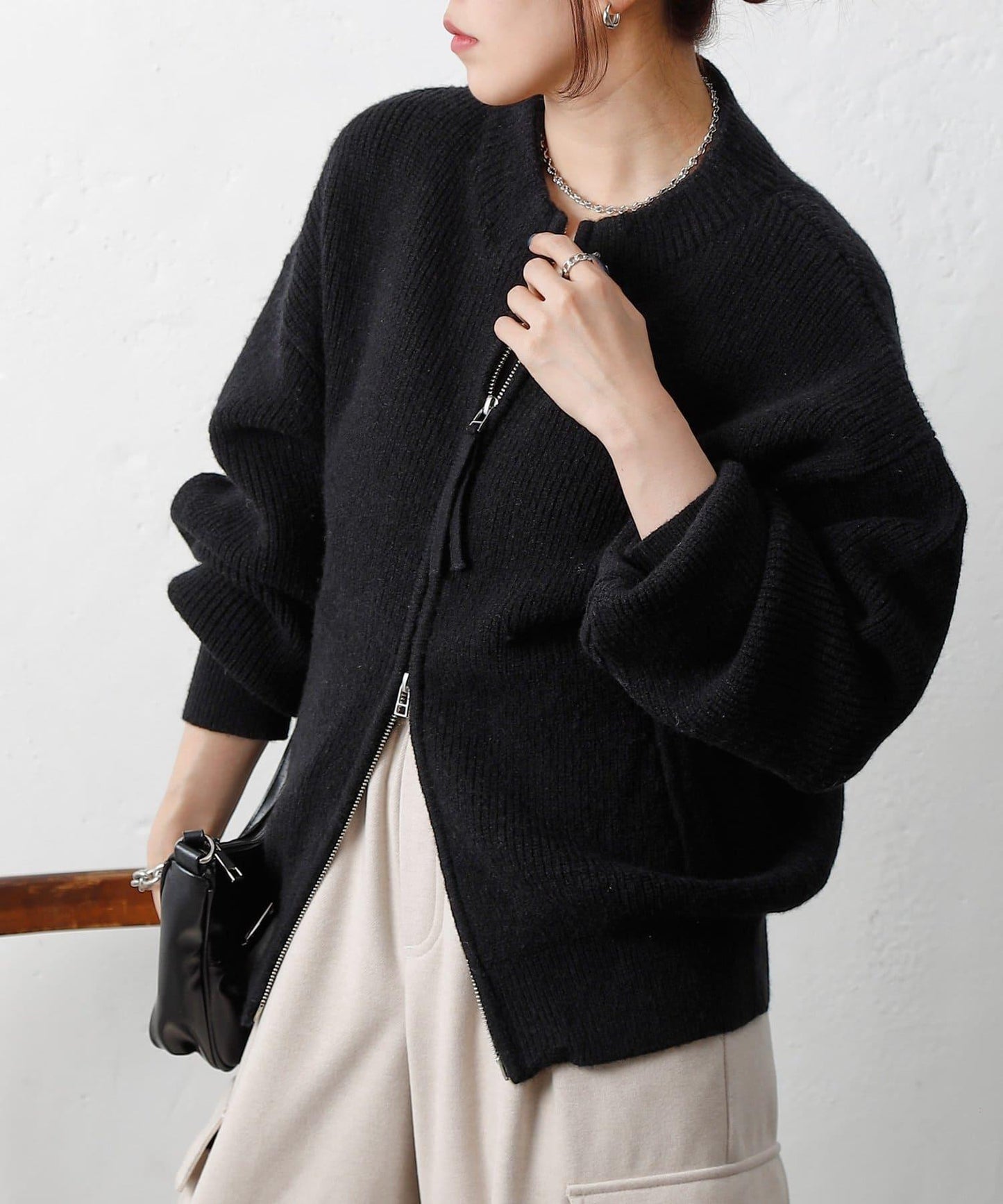 拼接拉鍊針織開衫