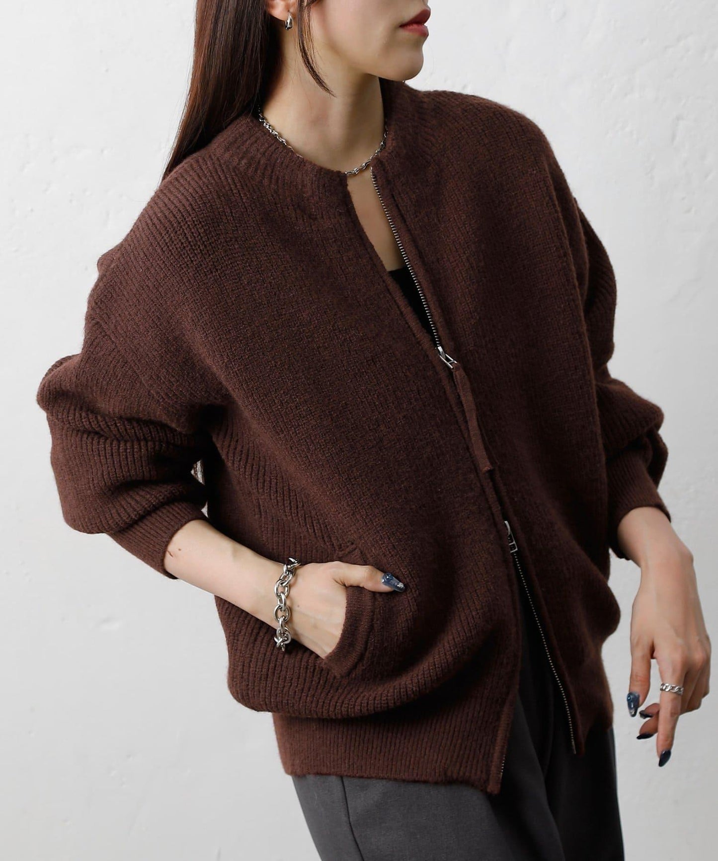 拼接拉鍊針織開衫