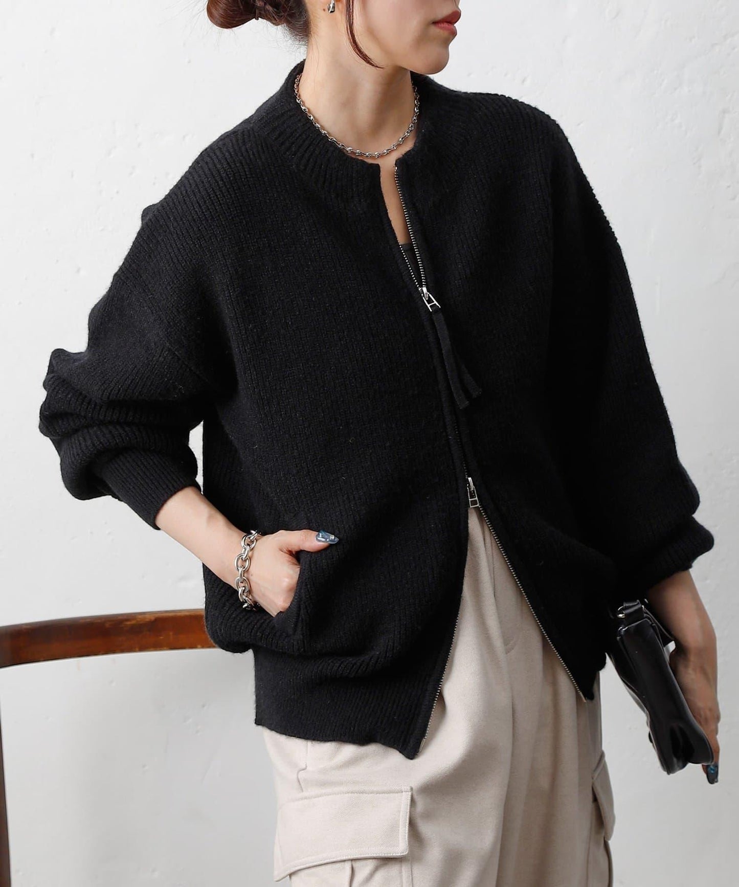 拼接拉鍊針織開衫