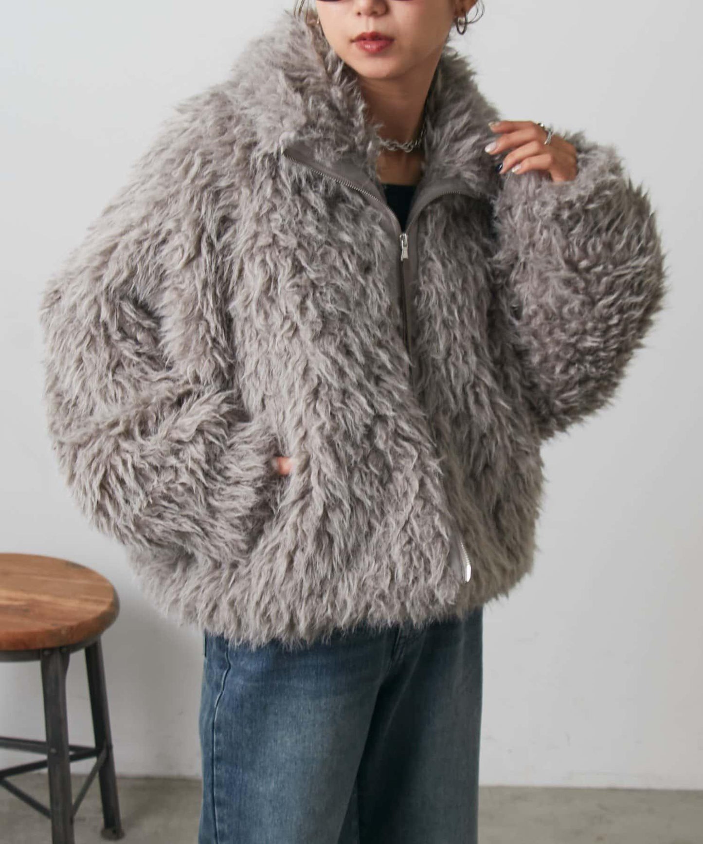 混合羊毛皮毛一體短款夾克