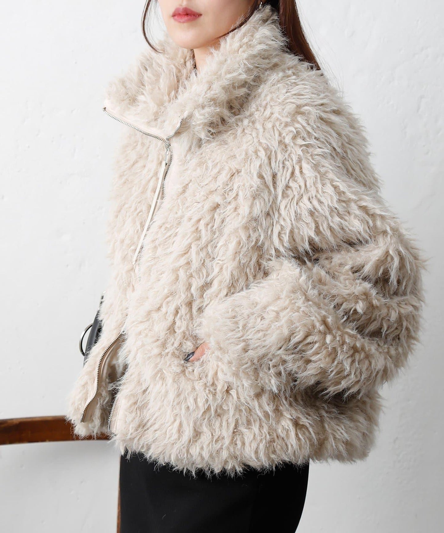 混合羊毛皮毛一體短款夾克