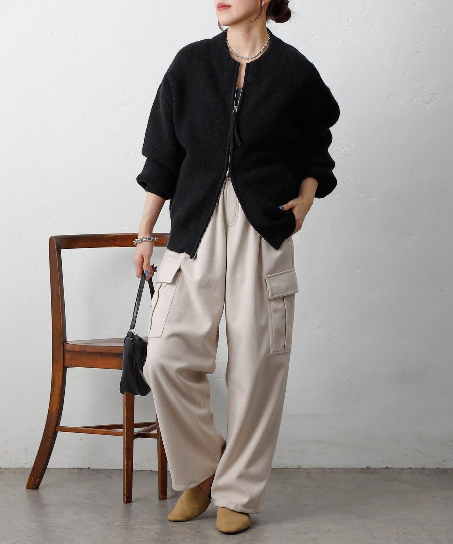 拼接拉鍊針織開衫